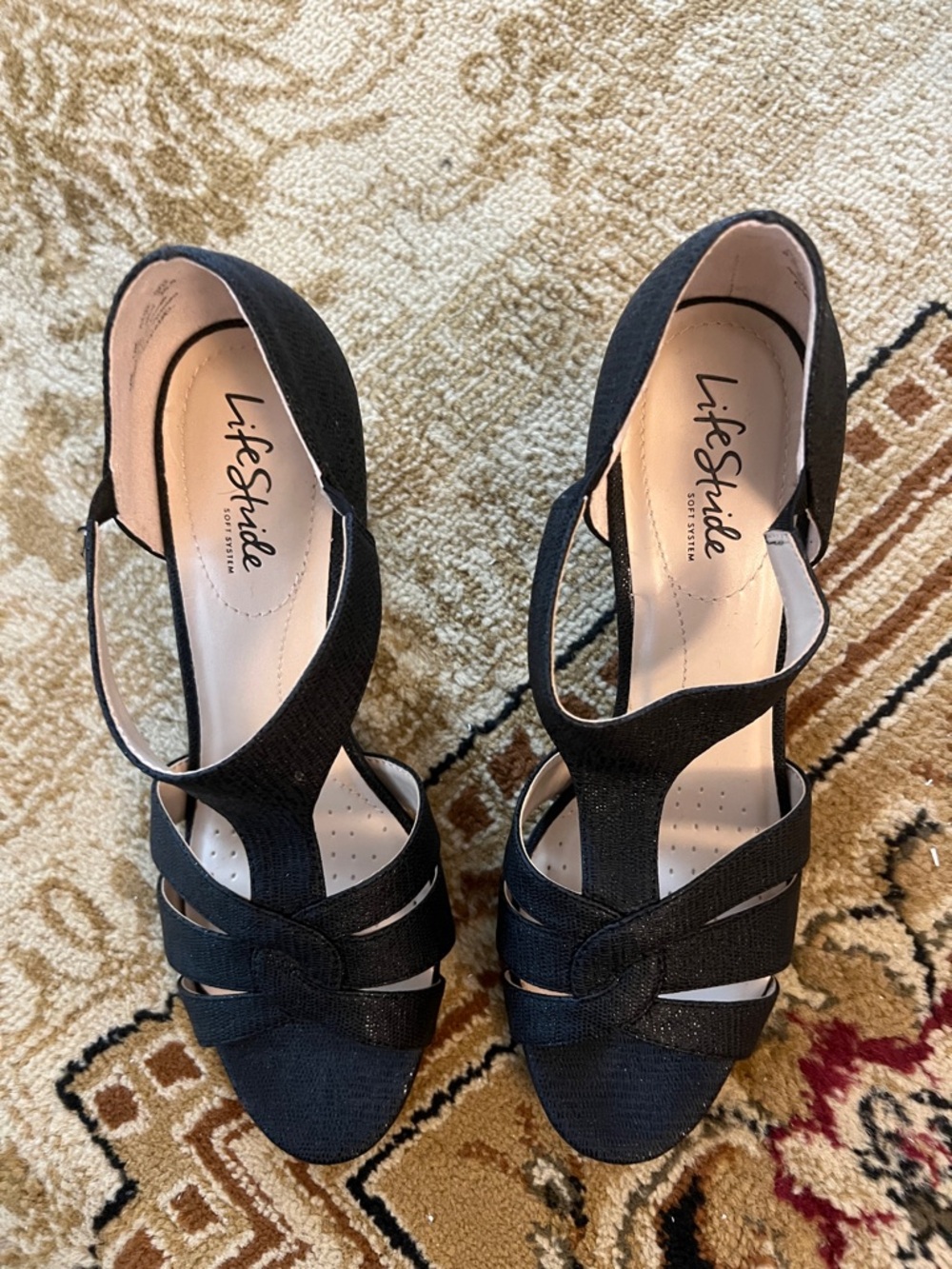 Life Stride Black T-Strap Heeled Sandals